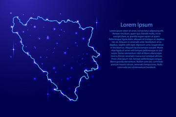 Map Bosnia and Herzegovina from the contours network blue, luminous space stars for banner, poster, greeting card, of vector illustration