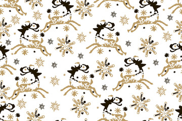 Fashion seamless christmas pattern with golden snowflakes and deers for a stylish fabrics, prints, textile, wallpaper. Trendy grunge texture print.