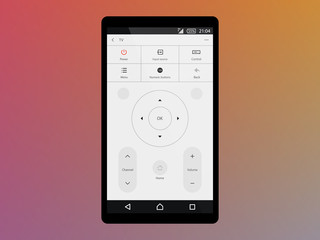 Tv set controlled via smartphone with wifi. Interface Concept Smartphone remote control app cellphone with buttons,touch screen. Modern concepts for web banner, web sites. Flat vector illustration