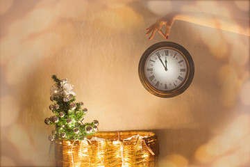 New Year, Christmas, clock, Christmas tree, magic. Christmas and happy New Years eve background