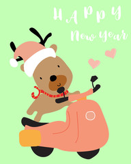 green pastel greeting card with reindeer on bicycle and happy new year wording