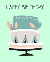 Blue pastel greeting card with cake in boho style and happy new year wording