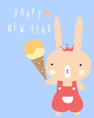 Blue pastel greeting card with rabbit holds ice cream and happy new year wording