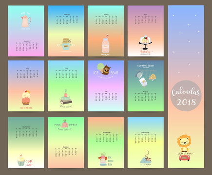 Colorful gradient monthly calendar 2018 with bear,ice cream,fox,monkey,lion and cupcake.Can be used for web,banner,poster,label and printable