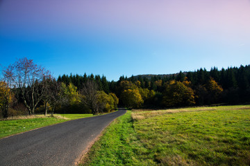 The Ore mountains asphalt road going through the meadow