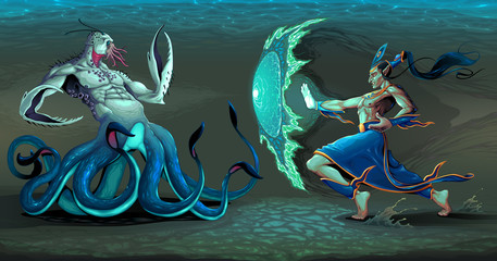 Fighting scene between elf and sea monster © ddraw