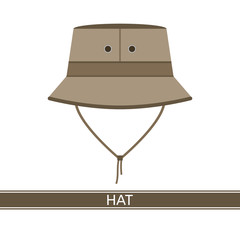 Vector illustration of camping safari hat isolated on white background. Explorer travelers hat for hunting, hiking, tourism in flat style