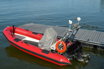 Red rescue motor boat in Quebec, Canada