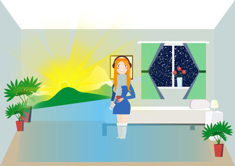  Woman looks at the sunrise mountain landscape projected in the room. Smart screen get a projection of smart phones. Augmented reality. Vector illustration.