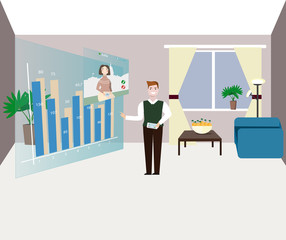 Man looks at the business information  on screen. Remote conversation with a colleague on video communication. Smart screen get a projection of smart phones. Augmented reality. Vector illustration.