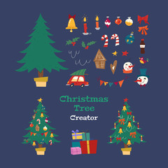 Christmas Tree Creator. Holiday kit with decorative Xmas objects: tree, garland, lanterns, balls, ginger biscuits, snowman, bow, candy. Retro style. Vector seasonal design easy editable.