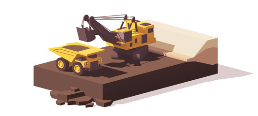 Vector low poly power shovel and haul truck