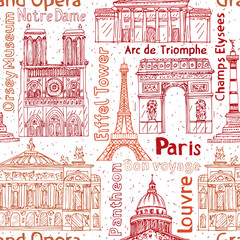 Fototapeta na wymiar Paris landmark hand drawn seamless vector pattern