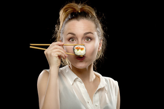 woman with sushi