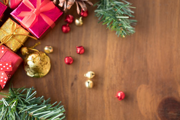 present boxes and fir branches. gift box for xmas party. christmas and new year holiday celebration.