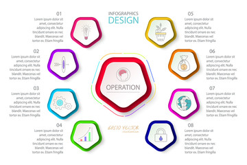 Pentagons label infographic with 9 steps.
