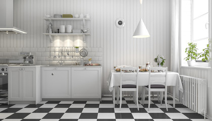 3d rendering beautiful scandinavian kitchen with black tile decor