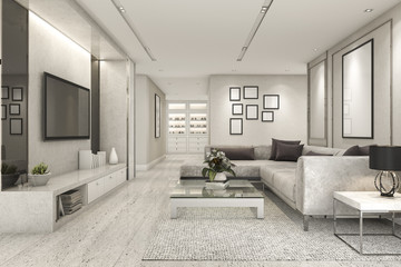 3d rendering luxury and modern living room with marble tile decor