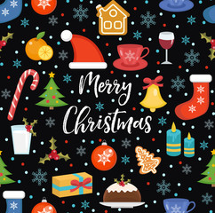 Merry Christmas seamless pattern, flat style. Holiday infinite background. New Year repeating texture. Vector illustration
