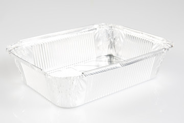 One square foil catering tray on a white background