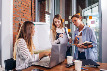 Young female manager sitting at desk pointing at laptop explaining giving tasks to her employees standing writing the information in notebooks in office.