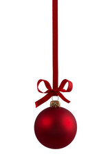 Red christmas bauble hanging on ribbon with bow, isolated on white.