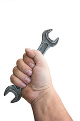 Wrench in male hand isolated on white background