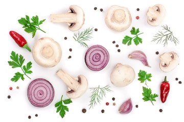 mushrooms with onion parsley leaf garlic and peppercorns isolated on white background. top view