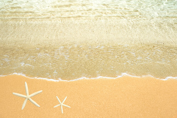 Fototapeta na wymiar Soft wave of the sea on the sandy beach with star fish