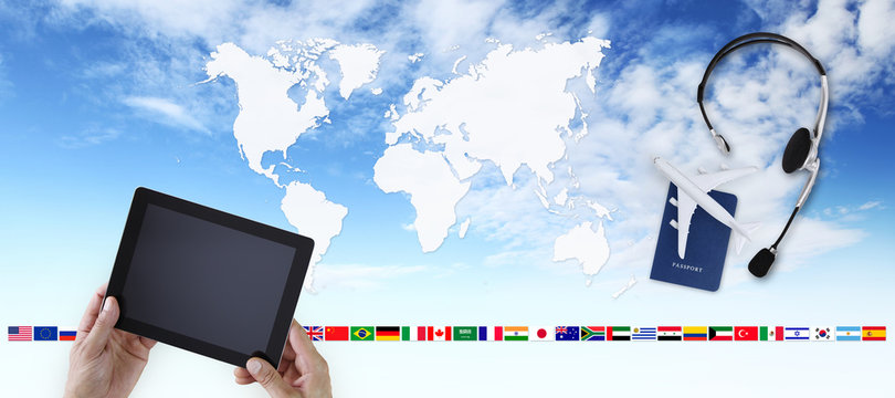 booking and search flight ticket air travel vacations concept, hands with digital tablet on world map background