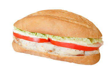 burger baguette with chicken cabbage, tomato and sauce isolated on white background
