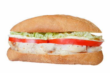 burger baguette with chicken cabbage, tomato and sauce isolated on white background
