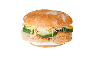 burger with chicken cabbage, cucumber and sauce isolated on white background
