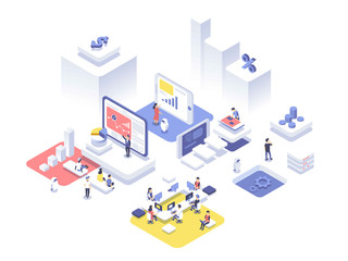People work in a team and achieve the goal. Startup concept. Launch a new product on a market. Isometric vector illustration.