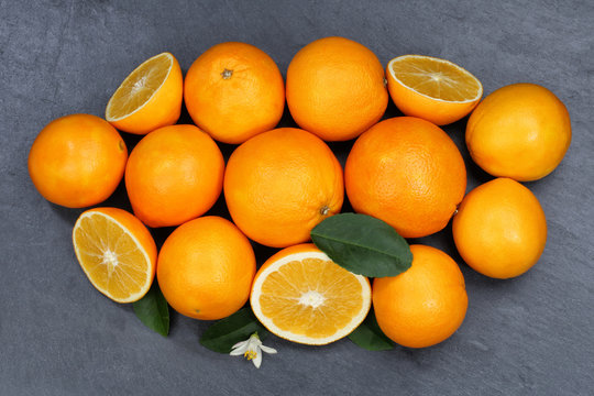 Orangen Orange Frucht Früchte Schieferplatte von oben © Markus Mainka