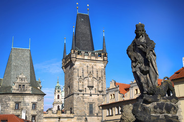 View of the Lesser Bridge Tower from the Charles Bridge (Karluv Most) in Prague, Czech Republic
