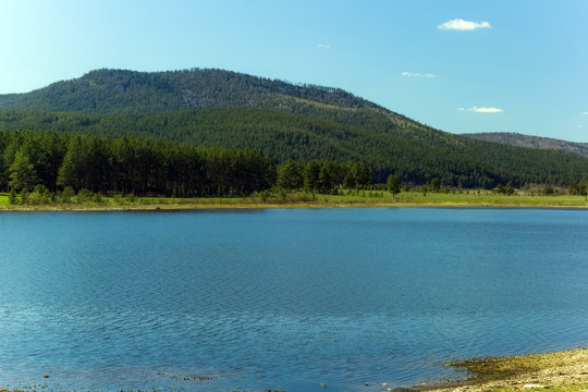 landscape with the Ural mountains and lake ,Bashkortostan,Russia.