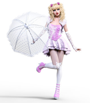 Young beautiful girl with doll face umbrella posing photo shoot.Short light pink dress, stockings, shoes.Long blonde hair.Bright goth make up.Conceptual fashion art.Realistic 3D render illustration.