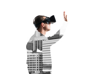 Guy wearing checked shirt and virtual mask stretching hand to touch something