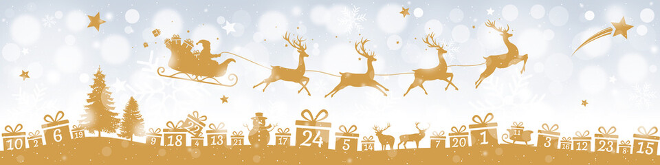 Advent calendar banner with Christmas gifts and Santa