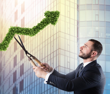 Businessman that cuts and adjusts a plant shaped like an arrow stats. Concept of startup company . 3D Rendering