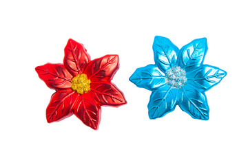 red gold blue sparkling fake flowers decorate isolated on white background with clipping path