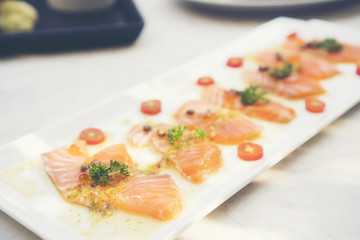 Sashimi salmon set, raw fish, japanese food.(Selective focus)