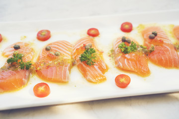 Sashimi salmon set, raw fish, japanese food.(Selective focus)