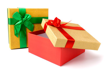 Two gift boxes with bows on a white