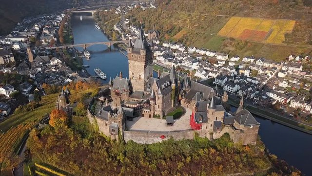 Flight over autumn Cochem vineyards, Mosel valley, Germany