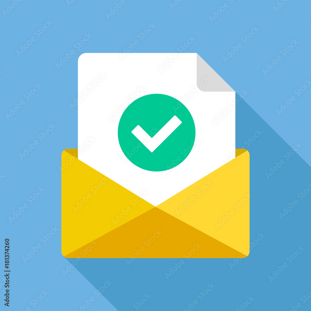 Poster envelope with document and round green check mark icon. successful e-mail delivery, email delivery c