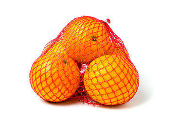 Oranges in net over white