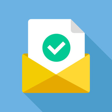 Envelope with document and round green check mark icon. Successful e-mail delivery, email delivery confirmation, successful verification concepts. Modern flat design vector icon