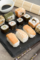 Set of sushi, traditional asian dishes.